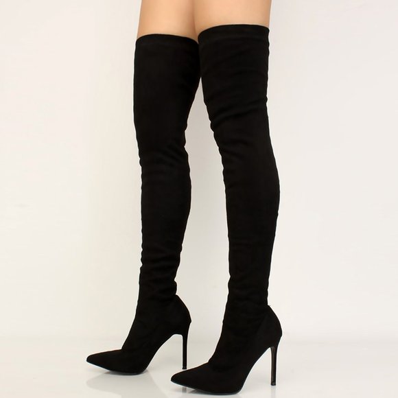 HOT🔥 Black Stretchy Over The Knee High Boots Stiletto Heel Pointed Toe Pull-On - Picture 5 of 7